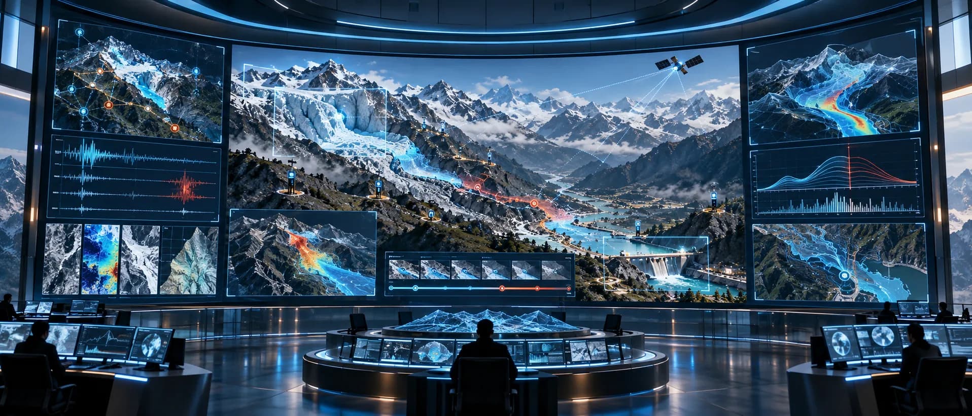 Concept visualisation of a cryosphere early warning control room: a video wall showing a glacierised corridor, seismic traces, flood routing and a downstream dam, with operators at consoles. Not a deployed system.