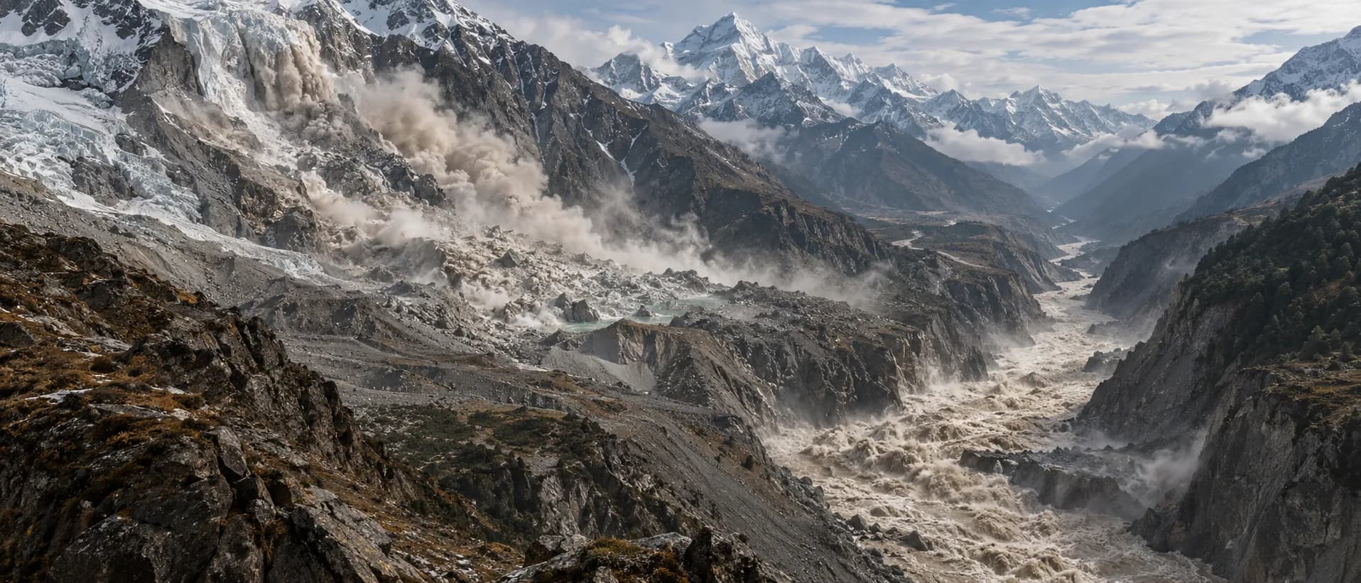 Illustrative reconstruction of the source-area cascade: an ice-rock avalanche descending into the valley with a debris-rich flood wave running down the channel.