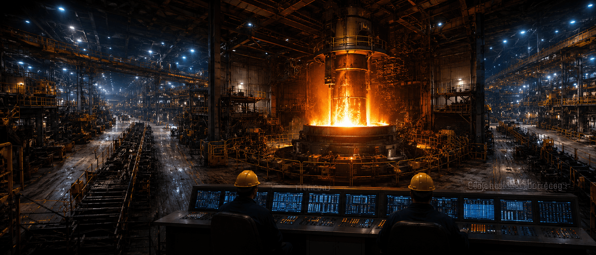 A working steel bay under the overhead crane — mission control, the real floor GOATAI grounds AI for.